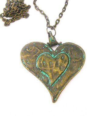 Antique Bronze Patina Heart Necklace 24" Chain New